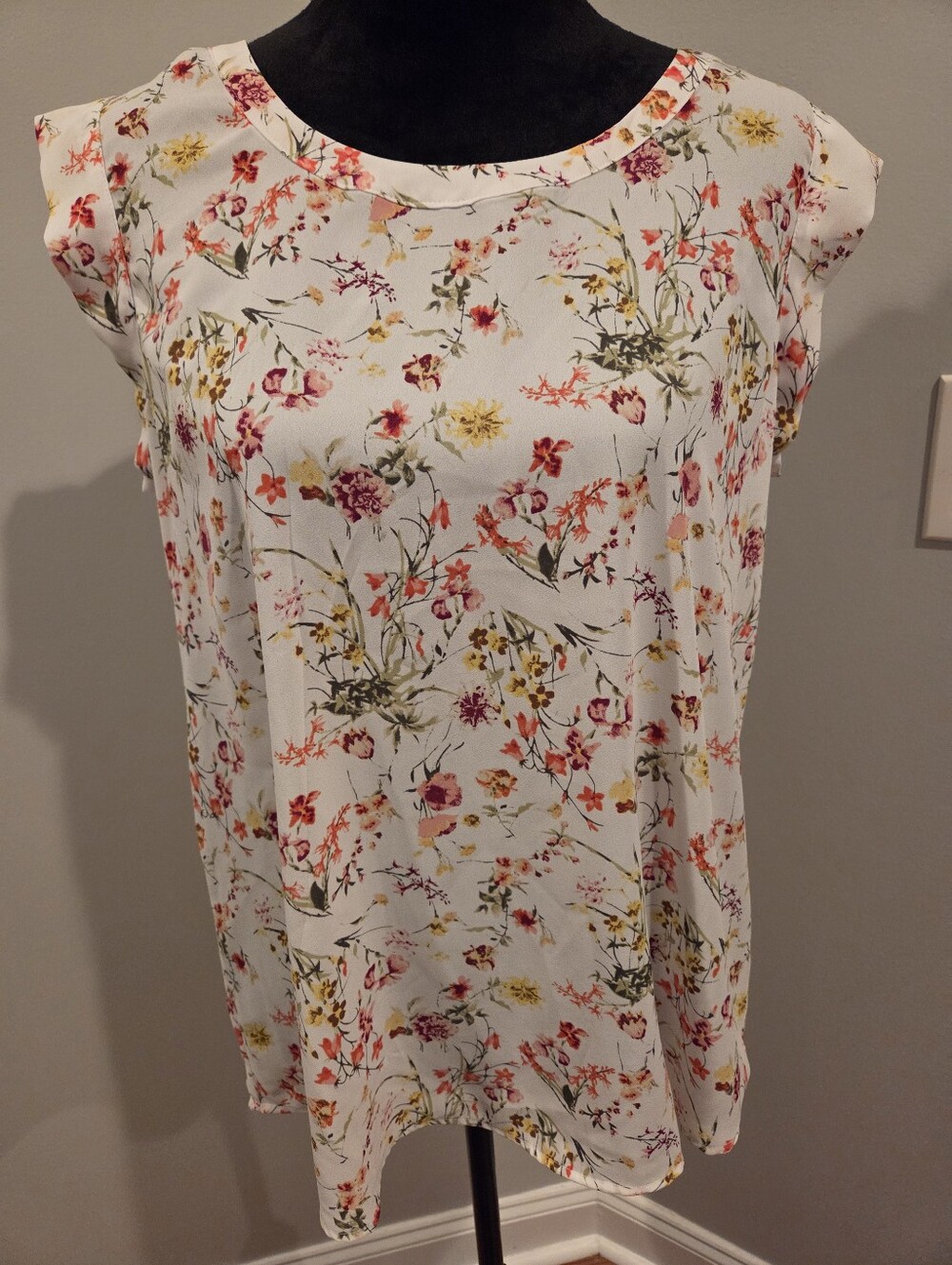 Pleione White Floral Cap-Sleeve Top with Pink, Yellow & Green Print